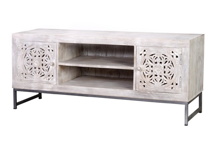 GINER Y COLOMER Meuble TV en bois de manguier blanc vieilli